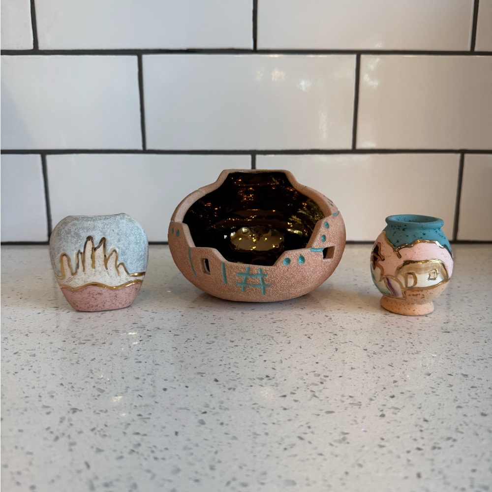 Southwestern Vintage Art Terracotta Pottery Handmade 3-Piece Set EUC